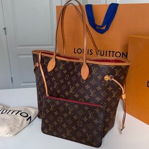 🌹Authentic Louis Vuitton Cherry Red Neverfull MM Tote Set